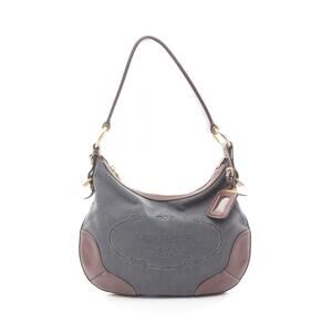 PRADA Logo Jacquard Shoulder Bag Canvas Leather Blue Brown